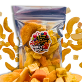 Yum Yum Candy Shop freeze-dried fruit mix in a clear bag β crunchy apple, pineapple, papaya, and peach pieces