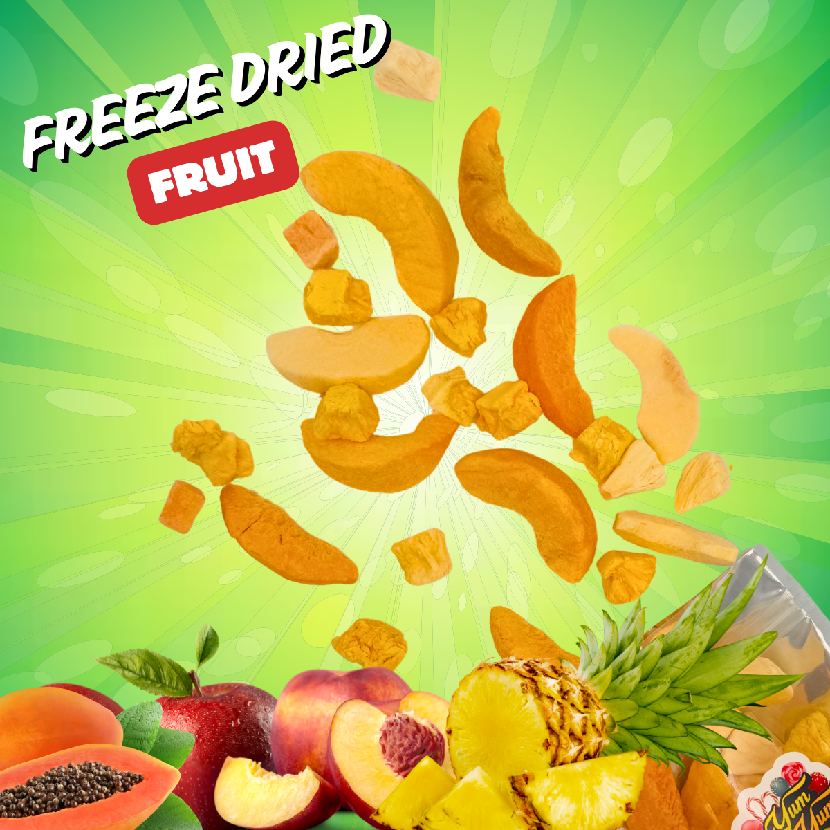 Freeze-dried tropical fruit mix – pineapple, apple, papaya, and peach slices on bright green background
