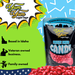 Yum Yum Candy Shop packaging with text about business details and freeze dried cinnamon hotties candy