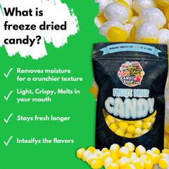 Freeze-Dried Sour Lemon Balls benefits list showing texture, flavor, and freshness advantages.