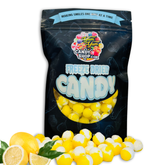Front view of Yum Yum Candy Shop Freeze-Dried Sour Lemon Balls in resealable bag with lemons.