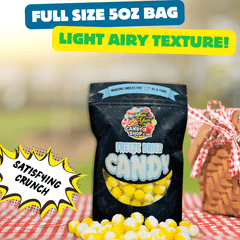 Full-size 5 oz bag of Freeze-Dried Sour Lemon Balls with light airy texture