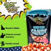 Freeze dried cherry lemon balls with Idaho, veteran, and family owned text
