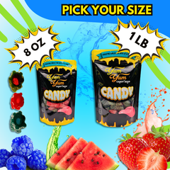 Yum Yum Candy Shop sour licorice twists bag showcasing available size options