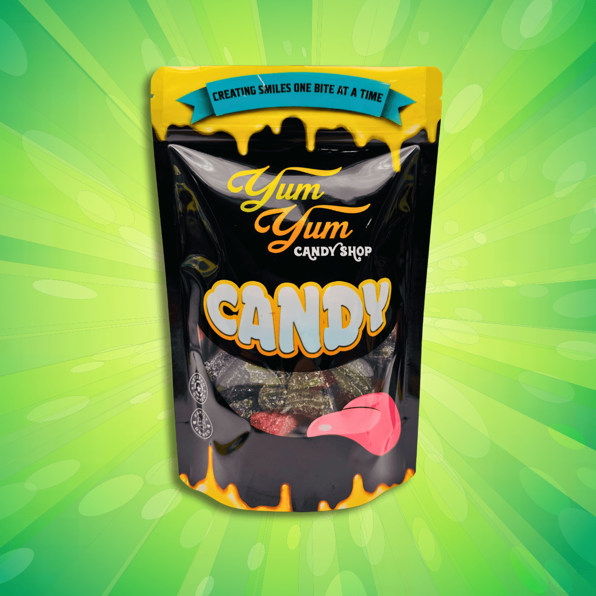 Yum Yum Candy Shop 1 lb bag of fruit-filled sour licorice twists with candy spilling out