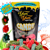 A package of Yum Yum Candy Shop Fruit Filled Sour Licorice Twists in a mixed fruit flavor variety, displayed with colorful licorice twists and a splash of water graphics around it.