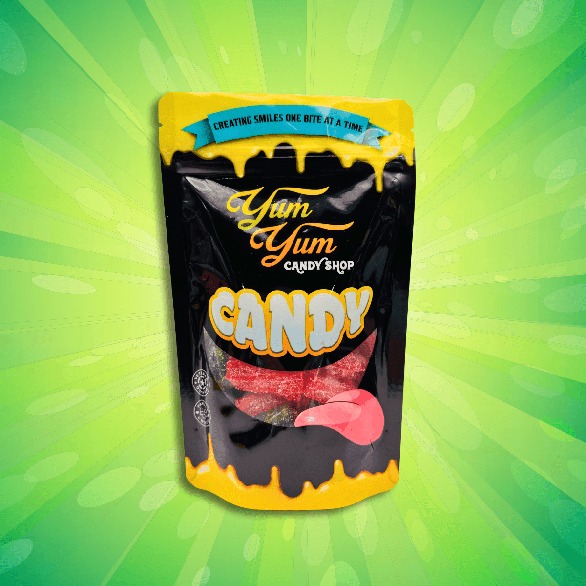 Yum Yum Candy Shop half-pound bag of fruit-filled sour licorice twists with green burst background