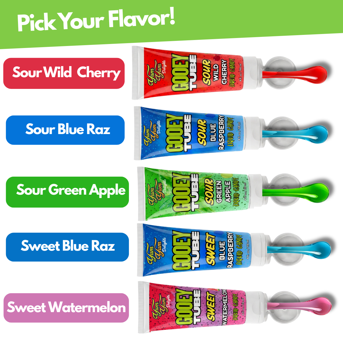 Five Goopy Tube flavors with colorful labels and spoons on a white background.