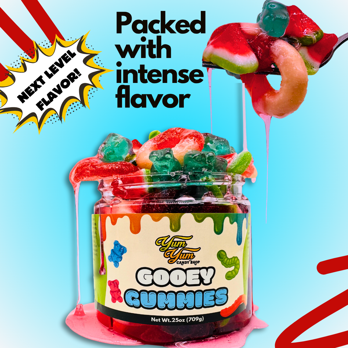 Colorful graphic with Yum Yum Candy Shop branding highlighting the updated Gooey Gummies jars.