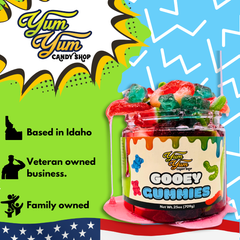 Colorful Gooey Gummies jar in front of bold pop-art background