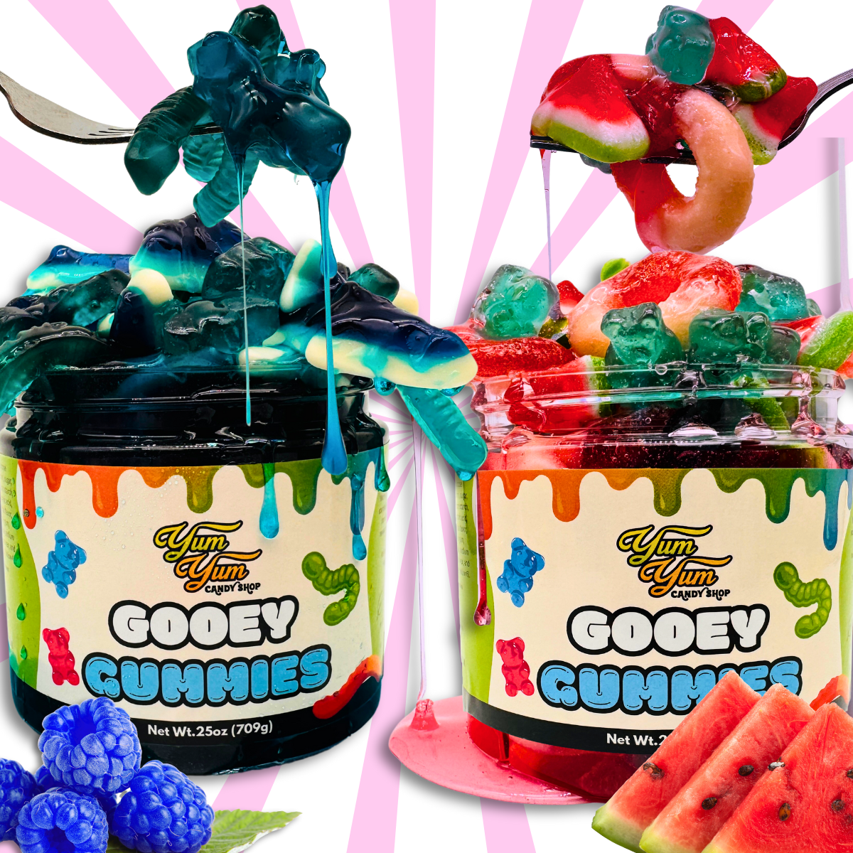Jars of Gooey Gummies in blue raspberry and watermelon flavors with updated Yum Yum Candy Shop labels.