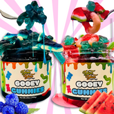 Jars of Gooey Gummies in blue raspberry and watermelon flavors with updated Yum Yum Candy Shop labels.