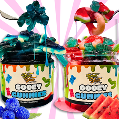 Jars of Gooey Gummies in blue raspberry and watermelon flavors with updated Yum Yum Candy Shop labels.