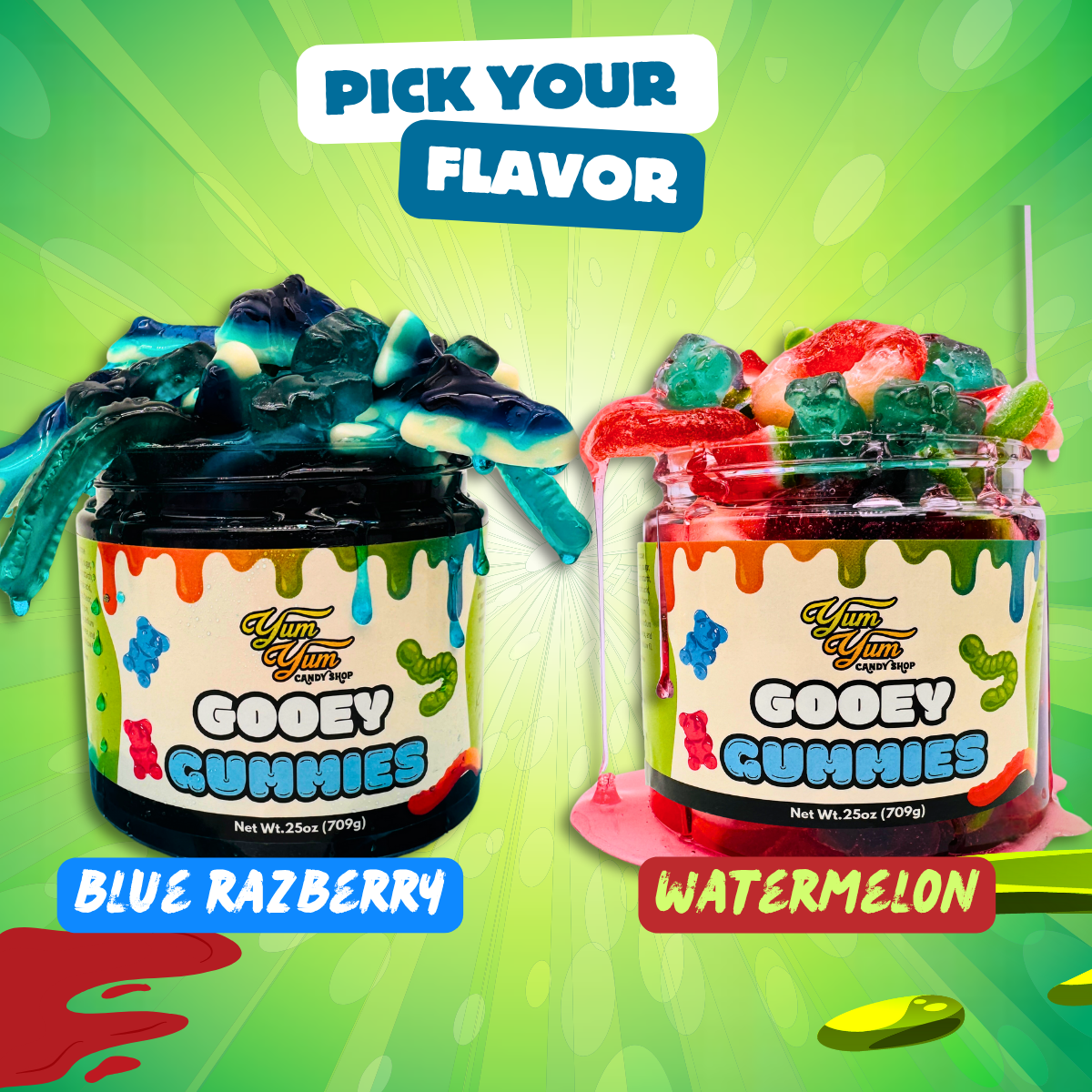 Graphic showing different flavor options for Gooey Gummies – Blue Raspberry and Watermelon.