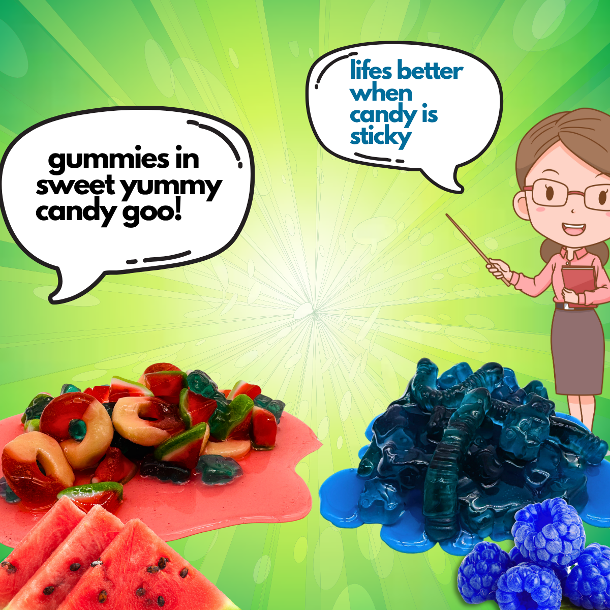“Why is it sticky?” Fun cartoon with Sweet Gooey Gummies in sticky, sweet goo