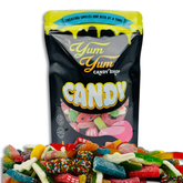 Yum Yum Candy Shop bag with colorful gummy candies in front