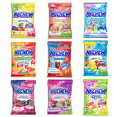 Nine assorted Hi-Chew fruity candy bags, including Immensely Fruity, Dessert Mix, Fantasy Mix, Plus Fruit, Soda Pop, Tropical Mix, Berry Mix, Superfruit Mix, and Sweet & Sour.
