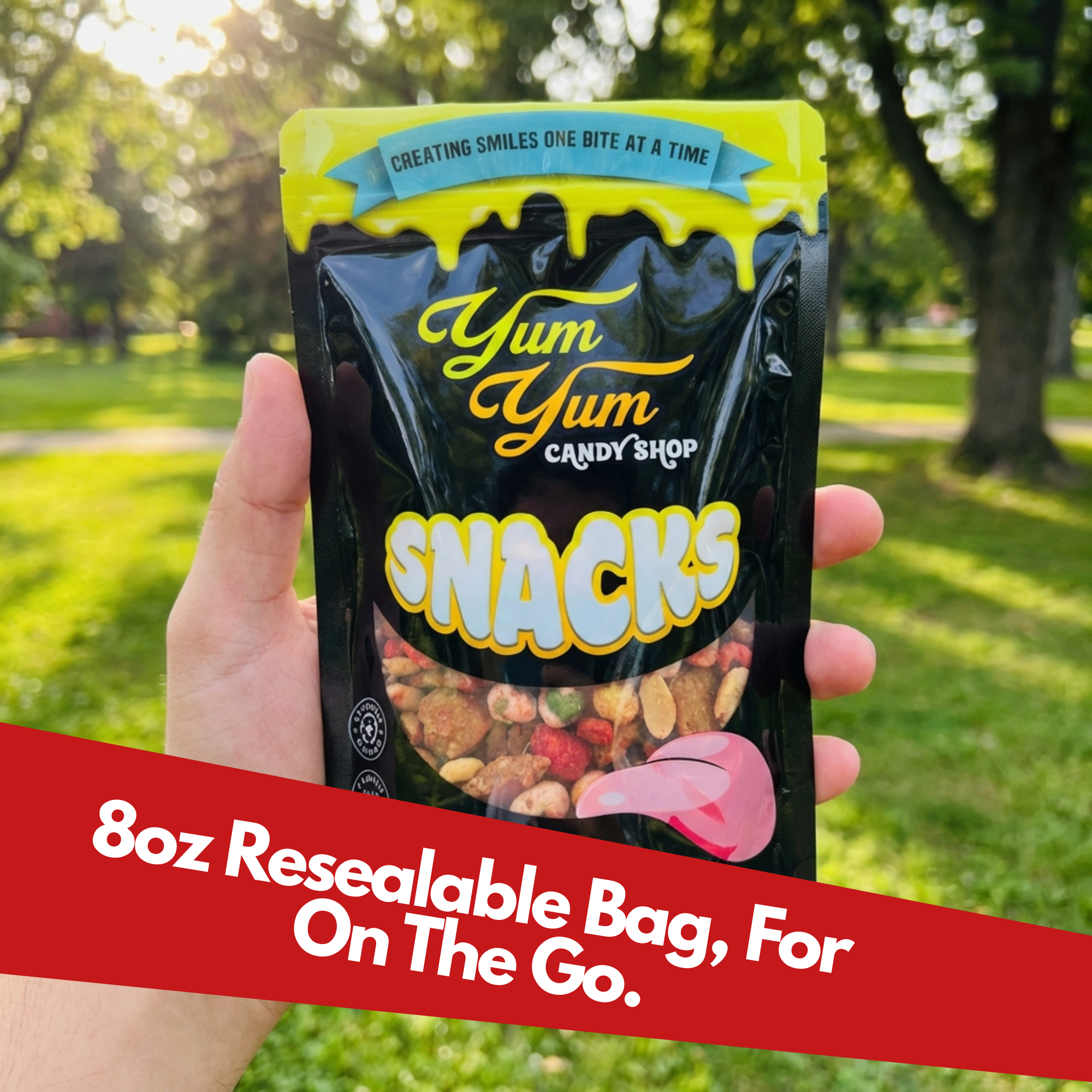 8 oz resealable bag of Hot Honey Snack Mix held outdoors highlighting portable sweet and spicy snack blend