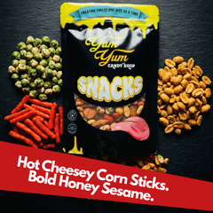 Hot Honey Snack Mix ingredients including cheesy corn sticks, honey sesame sticks, wasabi peas, and crunchy snack mix pieces