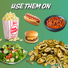 Freeze-dried ranch jalapeños used as toppings on popcorn, burgers, hot dogs, chili, and salads