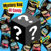 Mystery bag of candy with question marks and Yum Yum candy packages on a blue background
