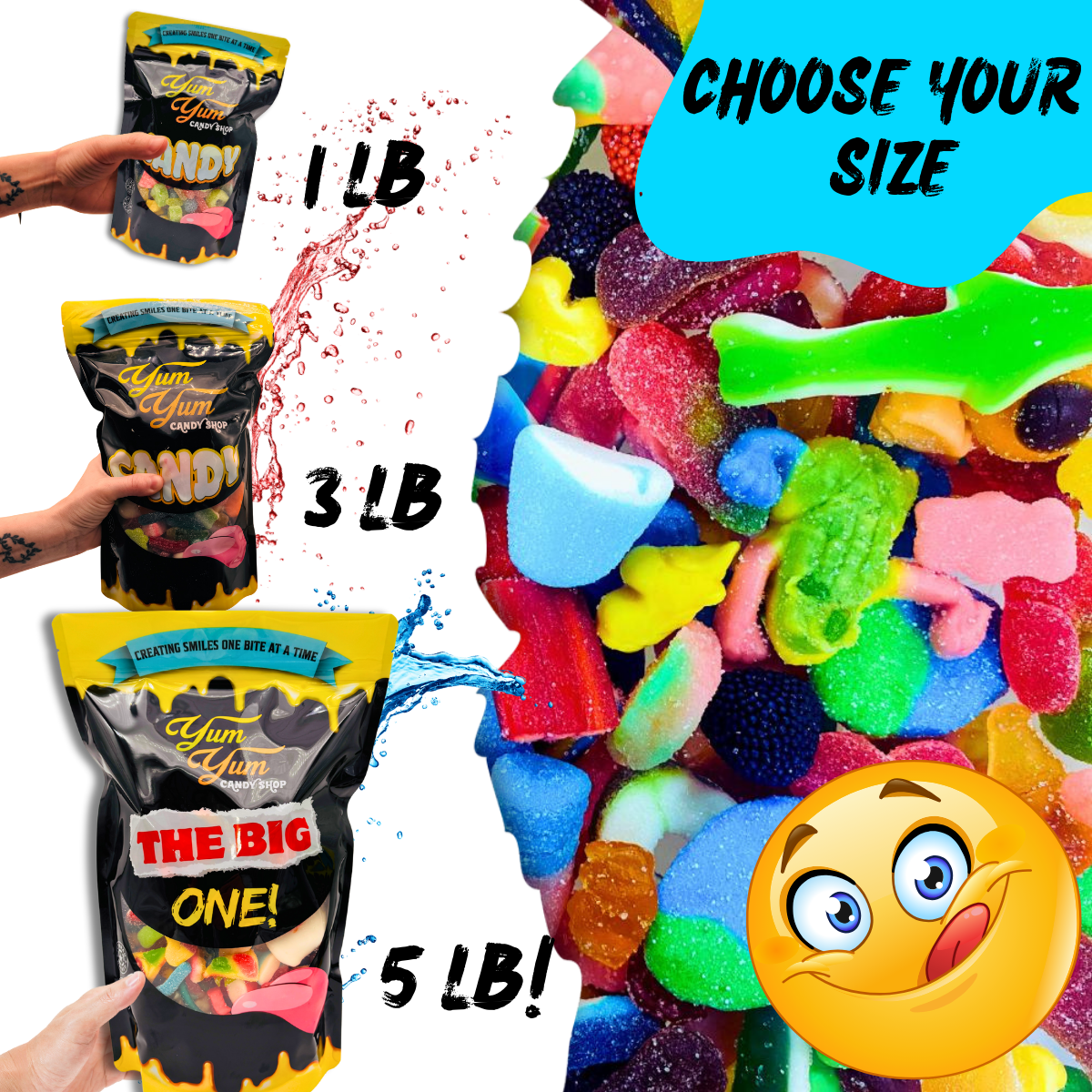 Gummy candy display with various sizes and a cartoon character.