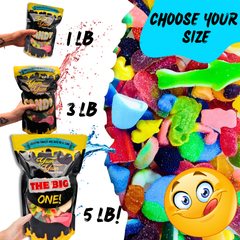 Gummy candy display with various sizes and a cartoon character.