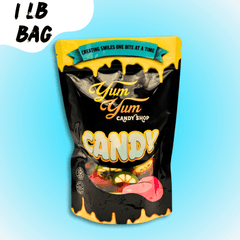 Yum Yum Candy Shop candy bag with black background and colorful text on a blue gradient background
