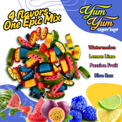 Colorful candy mix with watermelon, lemon lime, passion fruit, and blue raz flavors on a white background.