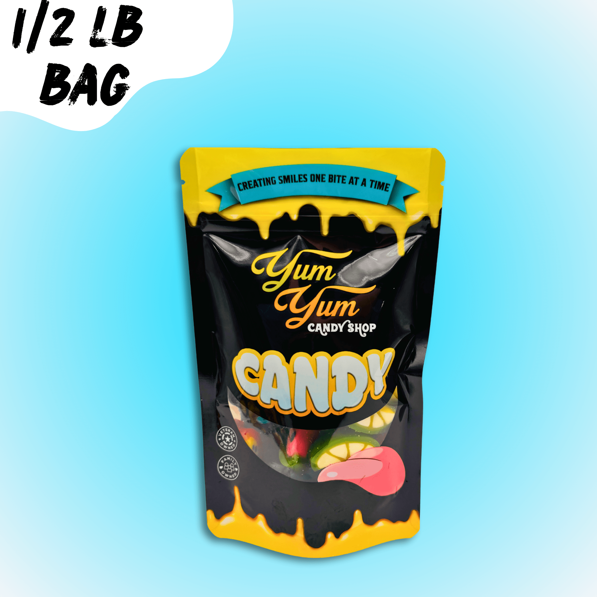 Yum Yum Candy Shop candy bag with black and yellow design on a blue background