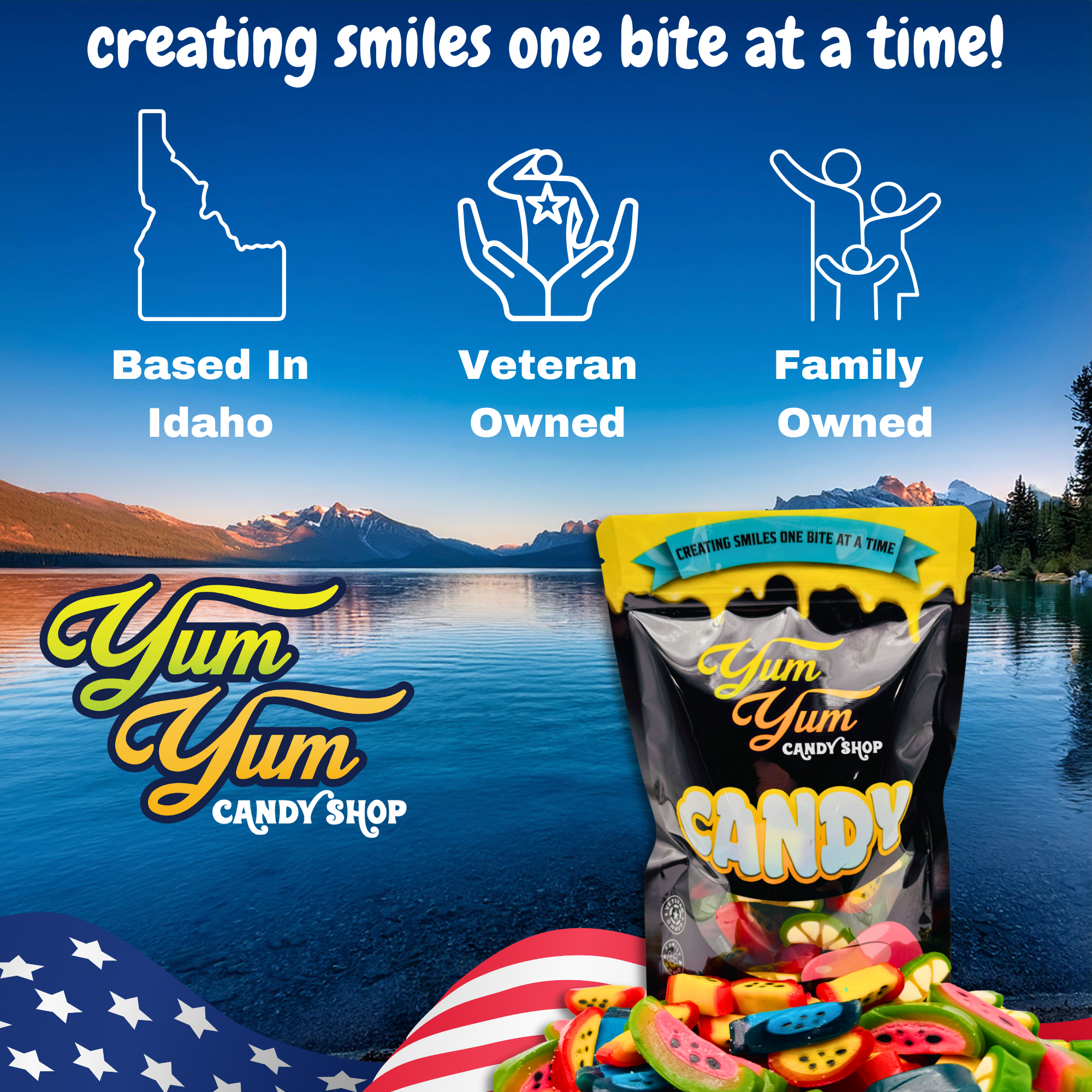 Yum Yum Candy Shop packaging with scenic background and brand information