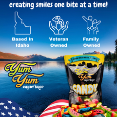 Yum Yum Candy Shop packaging with scenic background and brand information