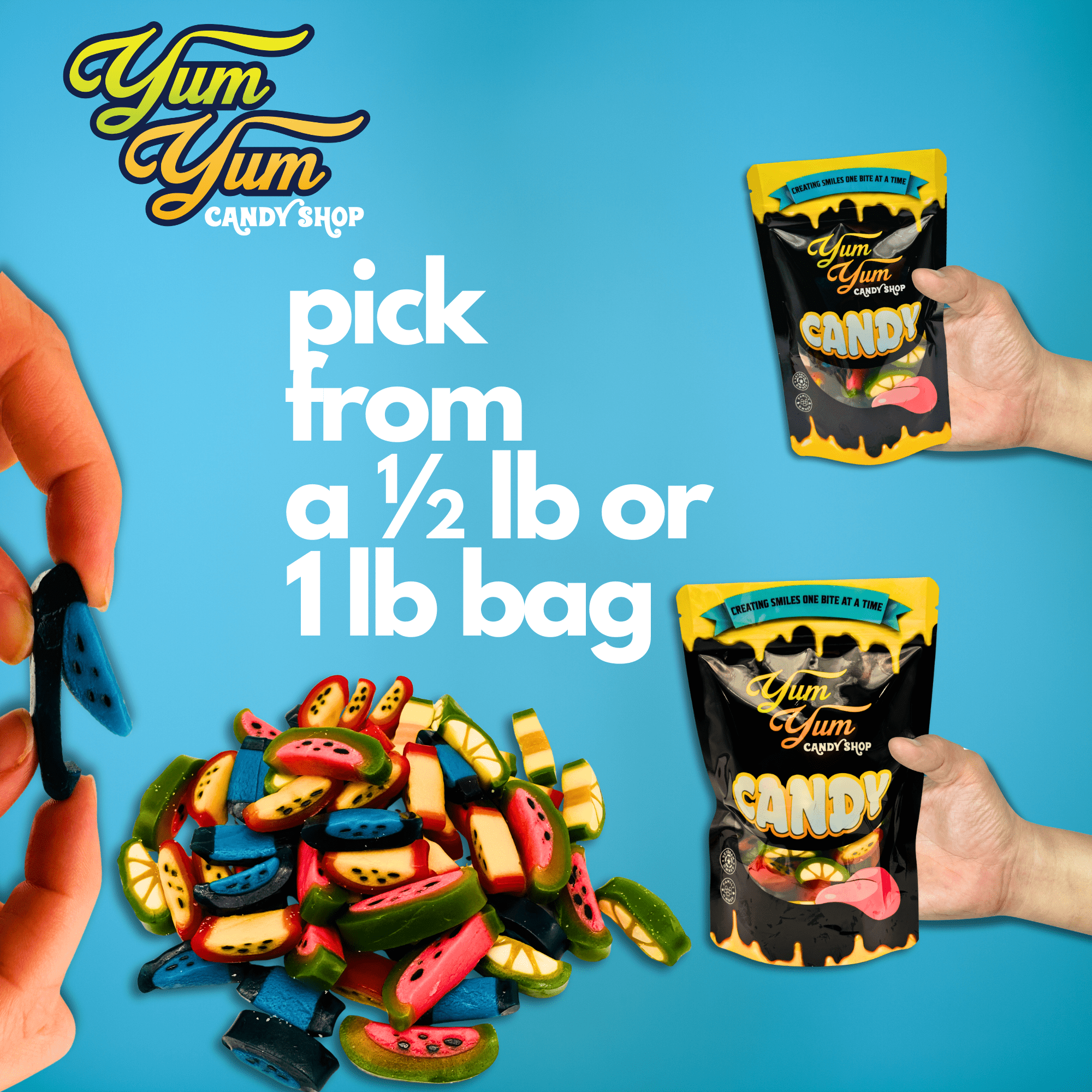 Yum Yum Candy Shop packaging with colorful candy pieces on a blue background