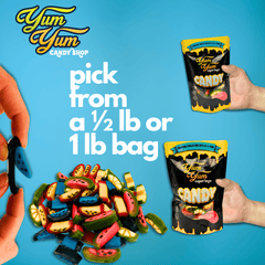 Yum Yum Candy Shop packaging with colorful candy pieces on a blue background