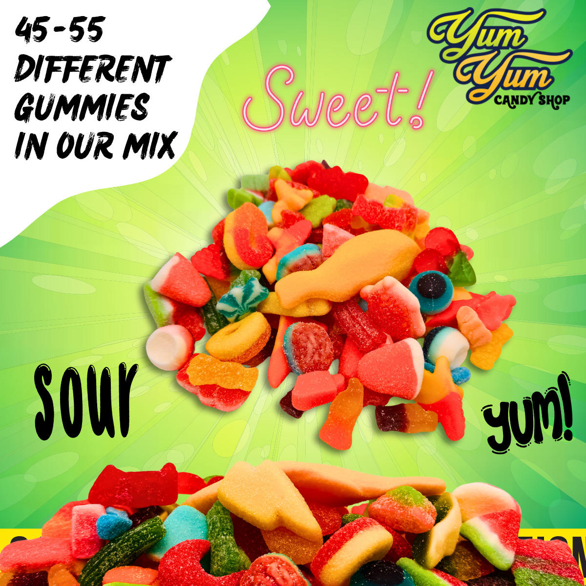 Close-up of assorted Pick & Mix Gummy Candy – sour belts, gummy worms, bears, and other fun shapes.