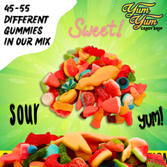 Close-up of assorted Pick & Mix Gummy Candy – sour belts, gummy worms, bears, and other fun shapes.