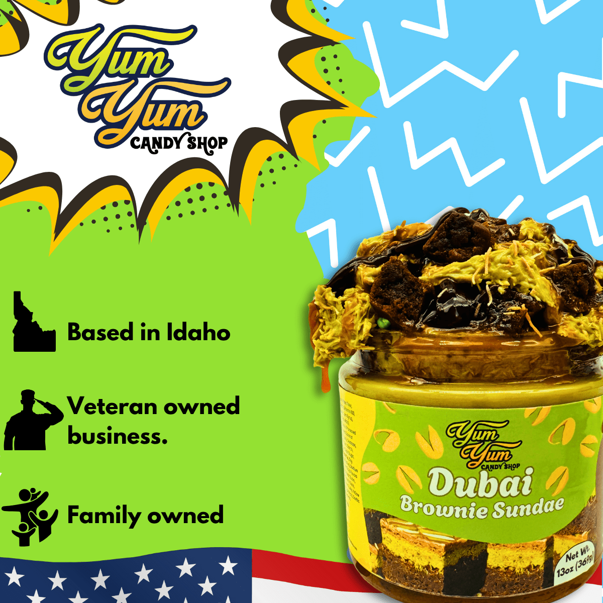 Yum Yum Candy Shop Dubai Brownie Sundae with branding and product details on a colorful background