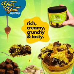 Yum Yum Candy Shop product with text 'rich, creamy, crunchy & tasty' on a green background