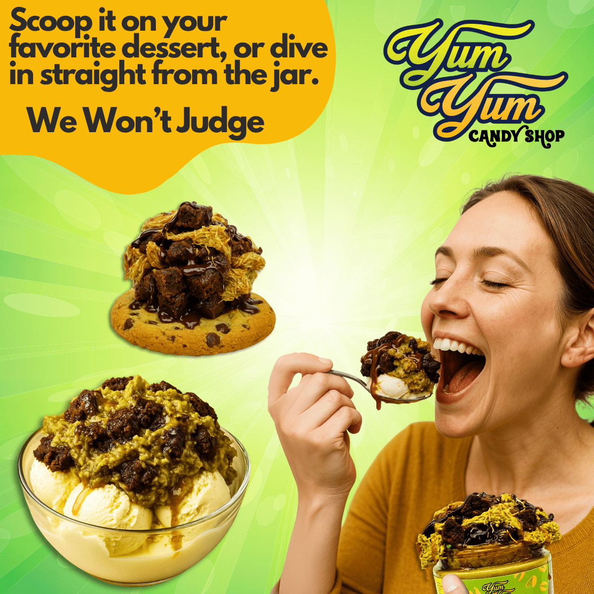 Advertisement for Yum Yum Candy Shop with a woman eating dessert and text promoting their products.