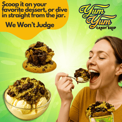 Advertisement for Yum Yum Candy Shop with a woman eating dessert and text promoting their products.