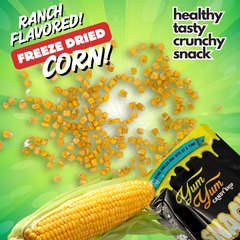 Ranch flavored freeze dried corn with a Yum Yum candy bar packaging on a green background