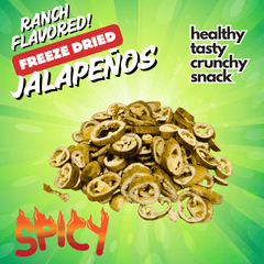 Freeze-dried ranch jalapeños with spicy label on green background