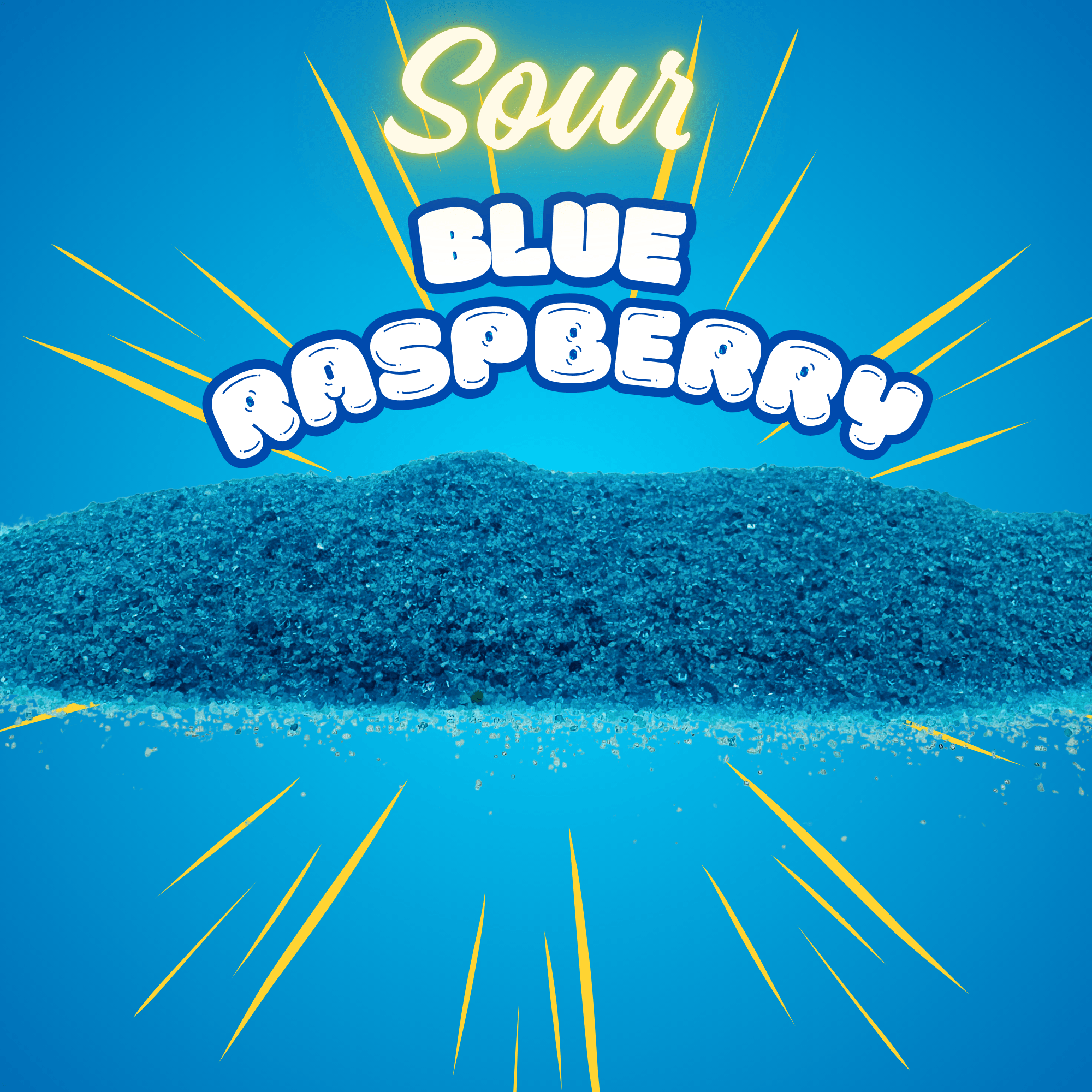 Sour Blue Raspberry candy powder on a blue background with sparkling effect