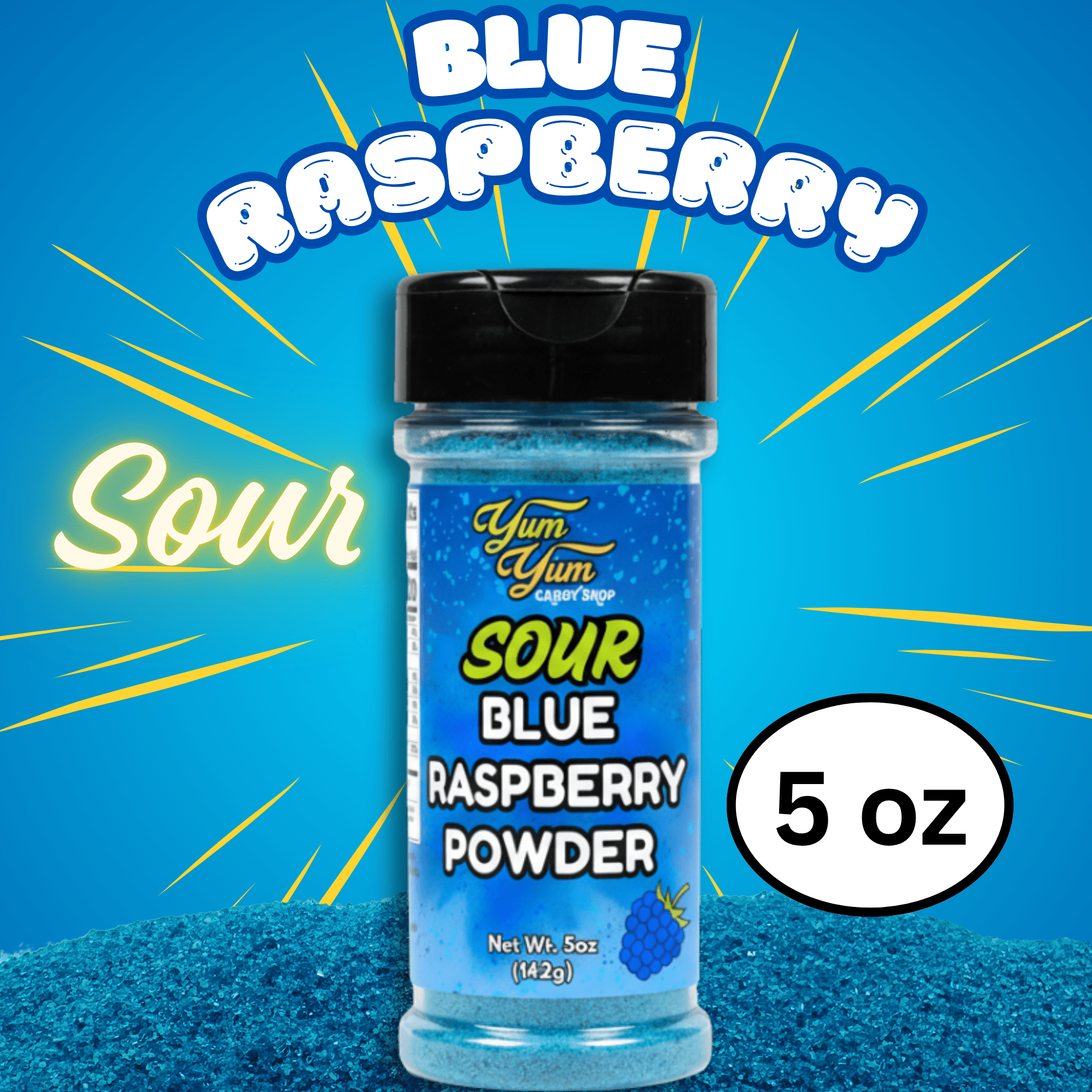 Bottle of Yum Yum Sour Blue Raspberry Powder with blue background and text