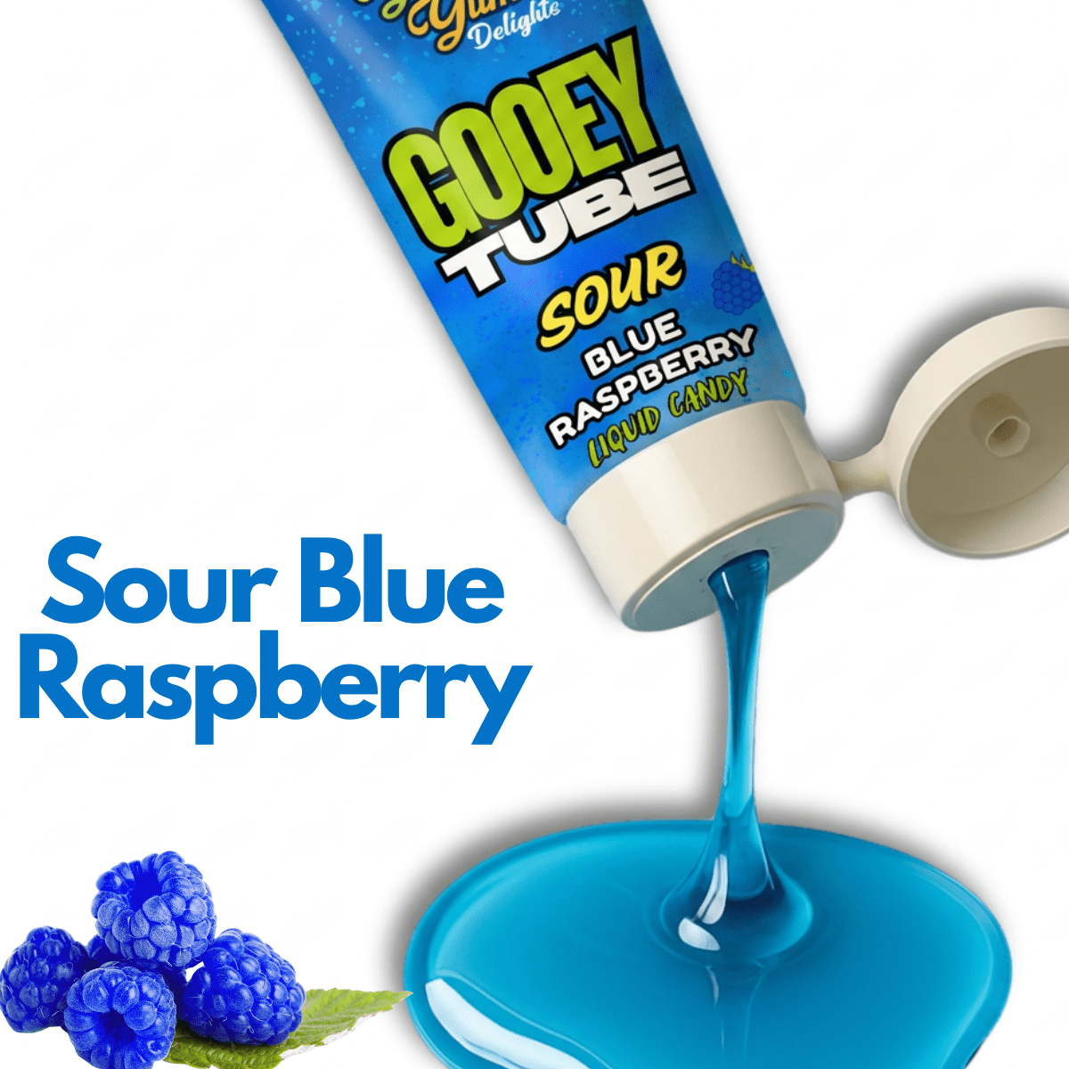 Sour blue raspberry liquid candy tube with blue liquid flowing out, surrounded by blueberries.