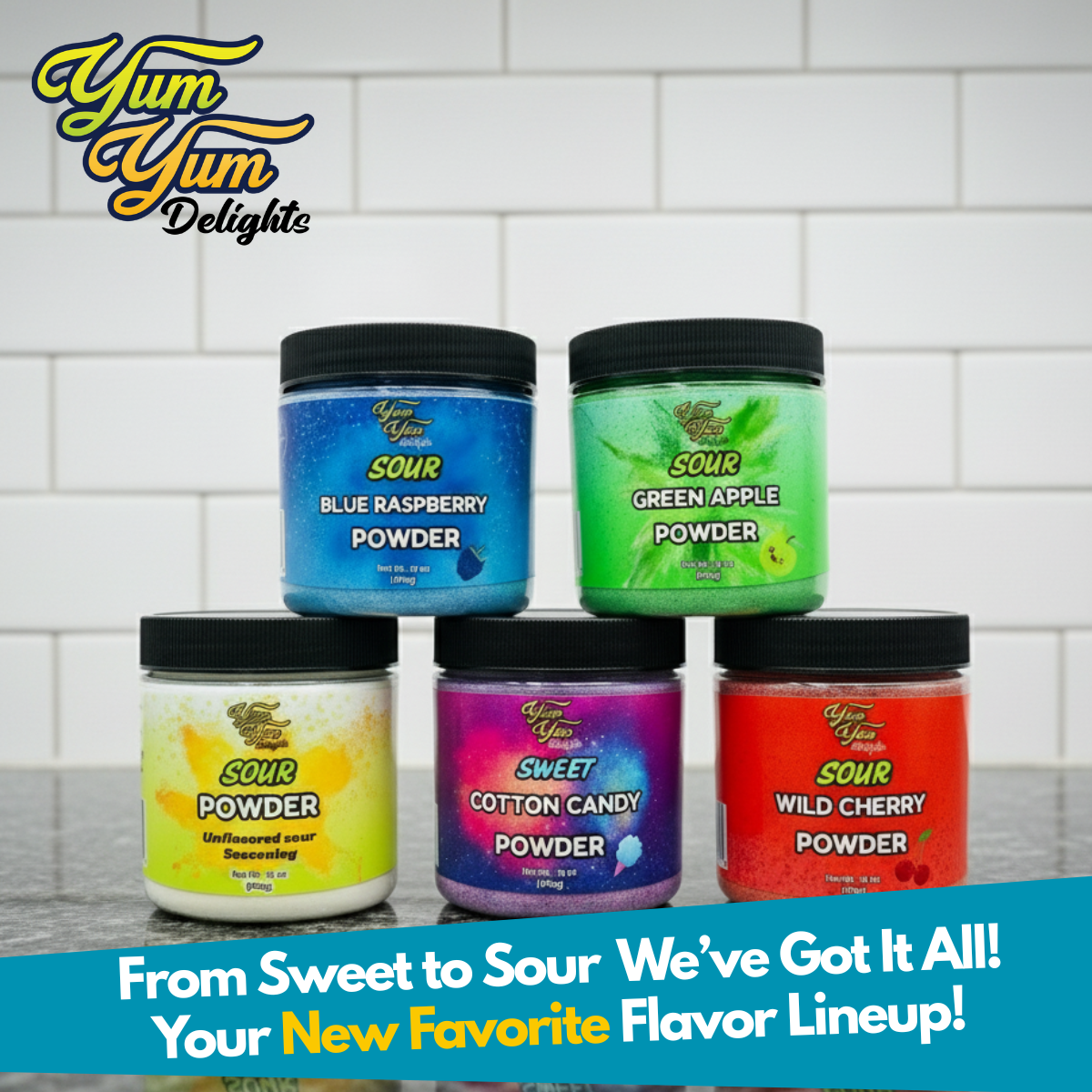Multiple sour candy dipping powder flavor options blue raspberry, green apple, cotton candy, wild cherry, unflavored