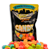 Front view of Yum Yum Candy Shop Sour Cubes in resealable bag with colorful candy pieces.