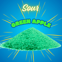 Green powder with 'Sour Green Apple' text on a blue background