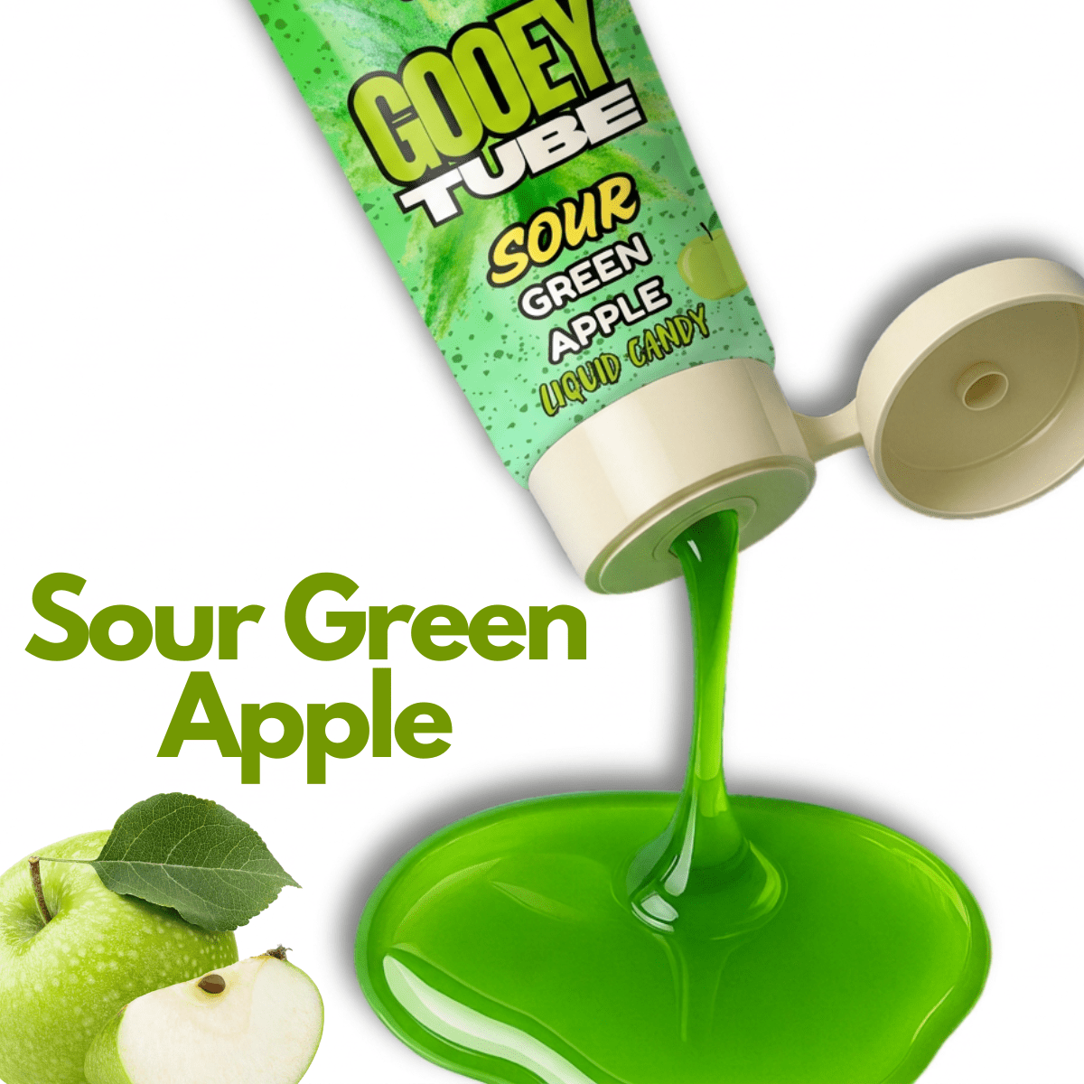 Sour green apple liquid candy tube with green liquid spilling out, next to a green apple.