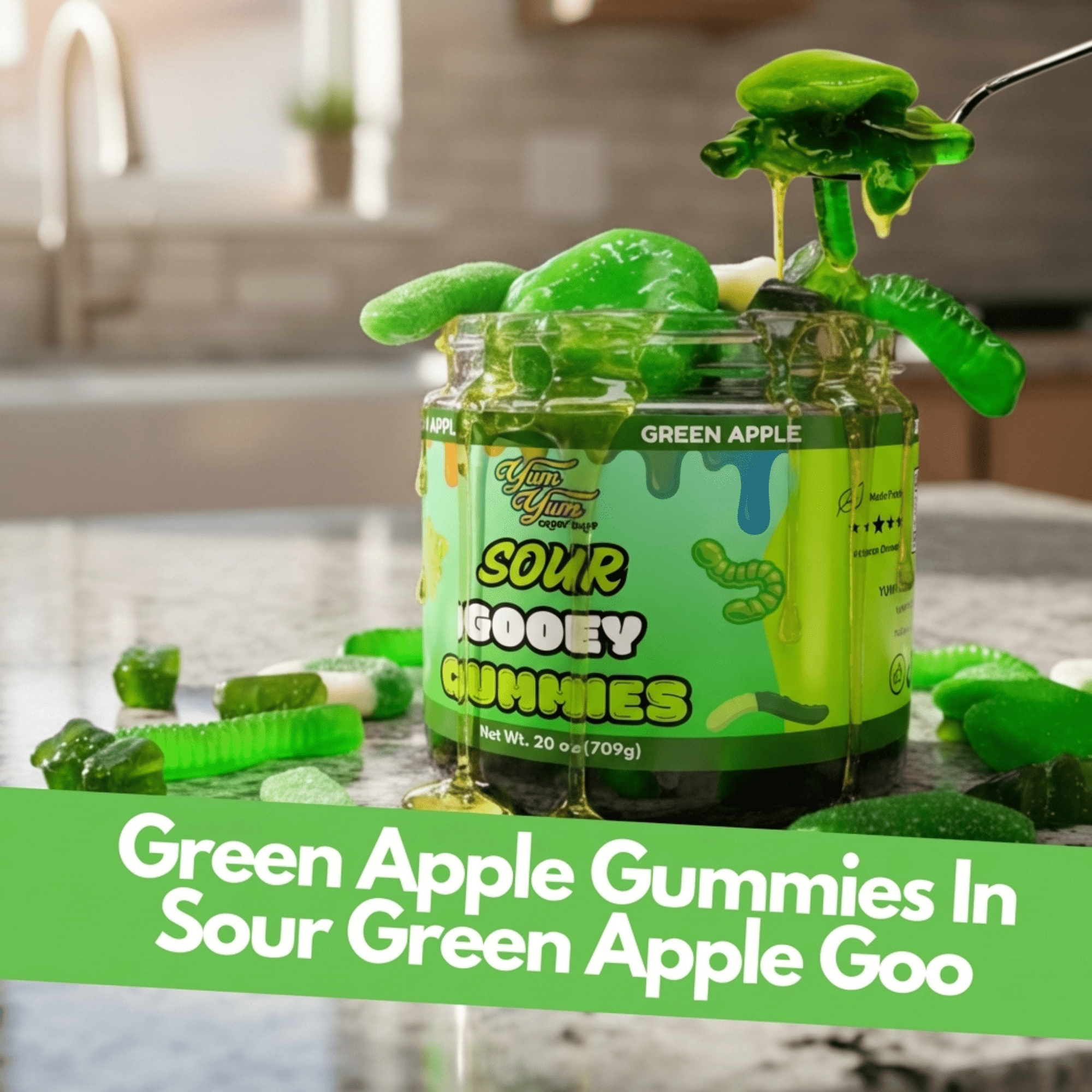 Jar of green apple gooey gummies on a kitchen counter.